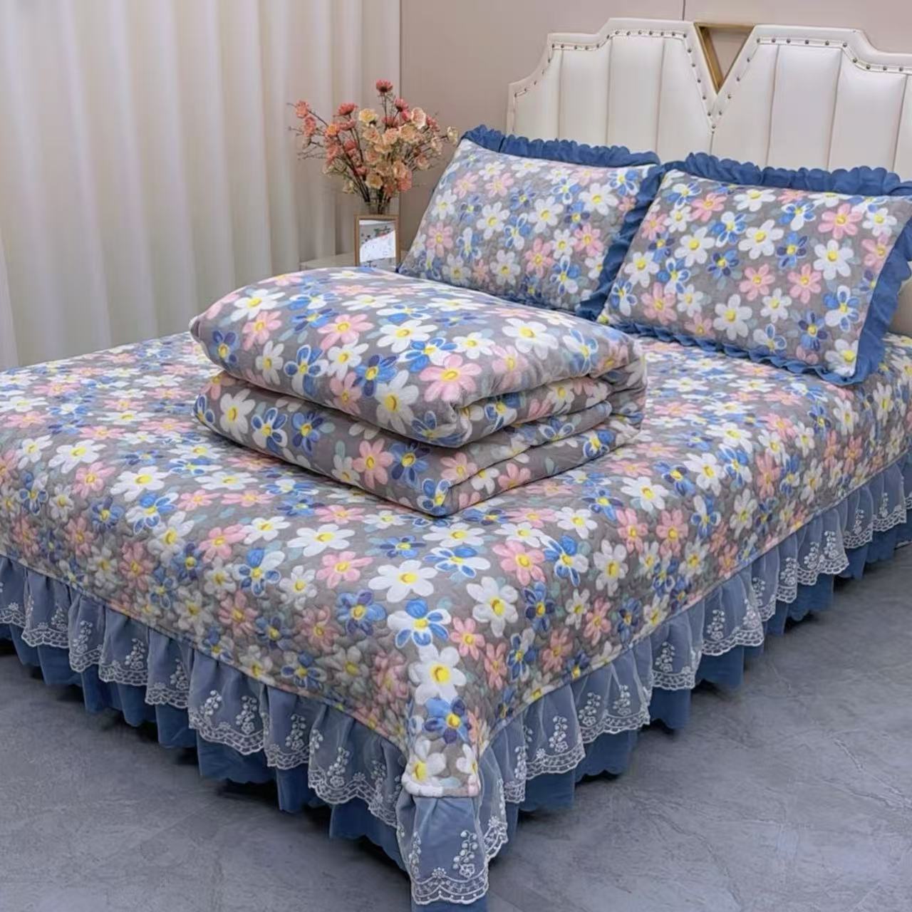 冬季保暖牛奶绒夹棉床盖四件套加厚花边床单三件套双人珊瑚被套