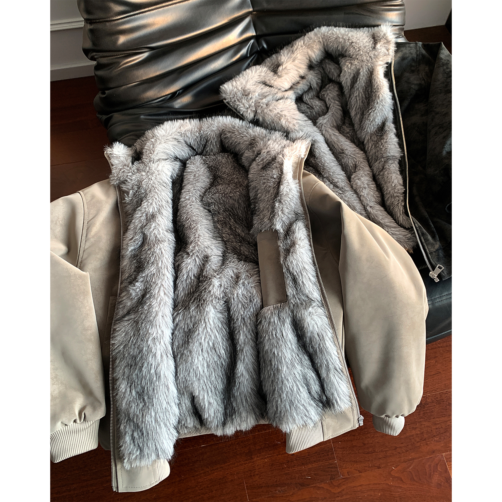 LIGGICC冬季美式仿貂毛重磅复古座山雕一体毛棉服加厚夹克外套潮