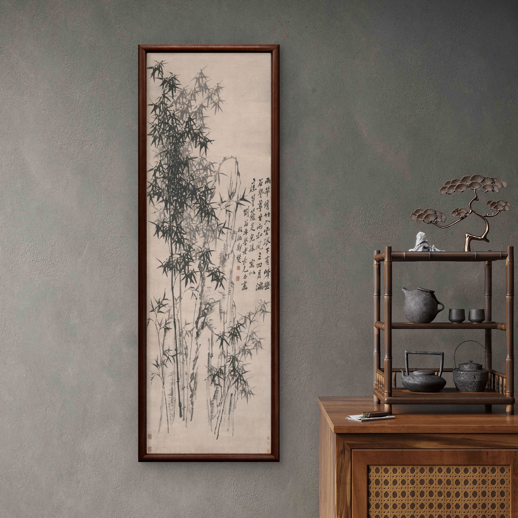 9759 -40*120竹石图装饰画实木玄关书房茶室客厅挂画