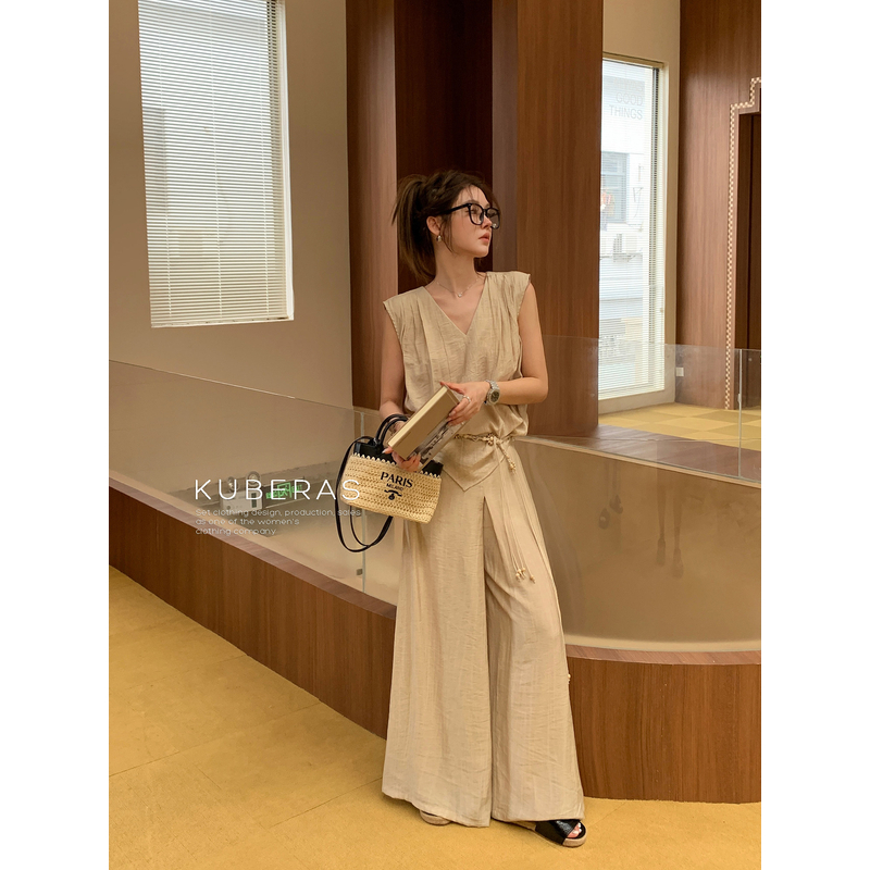 KUBERAS【杏仁白茶】慵懒宽松渐变晕染麻V领背心+阔腿裙裤+腰带