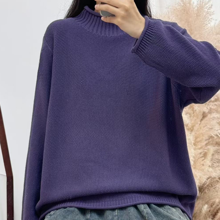 冬款棉线针织衫女慵懒风纯色半高领长袖休闲百搭套头毛衣上衣