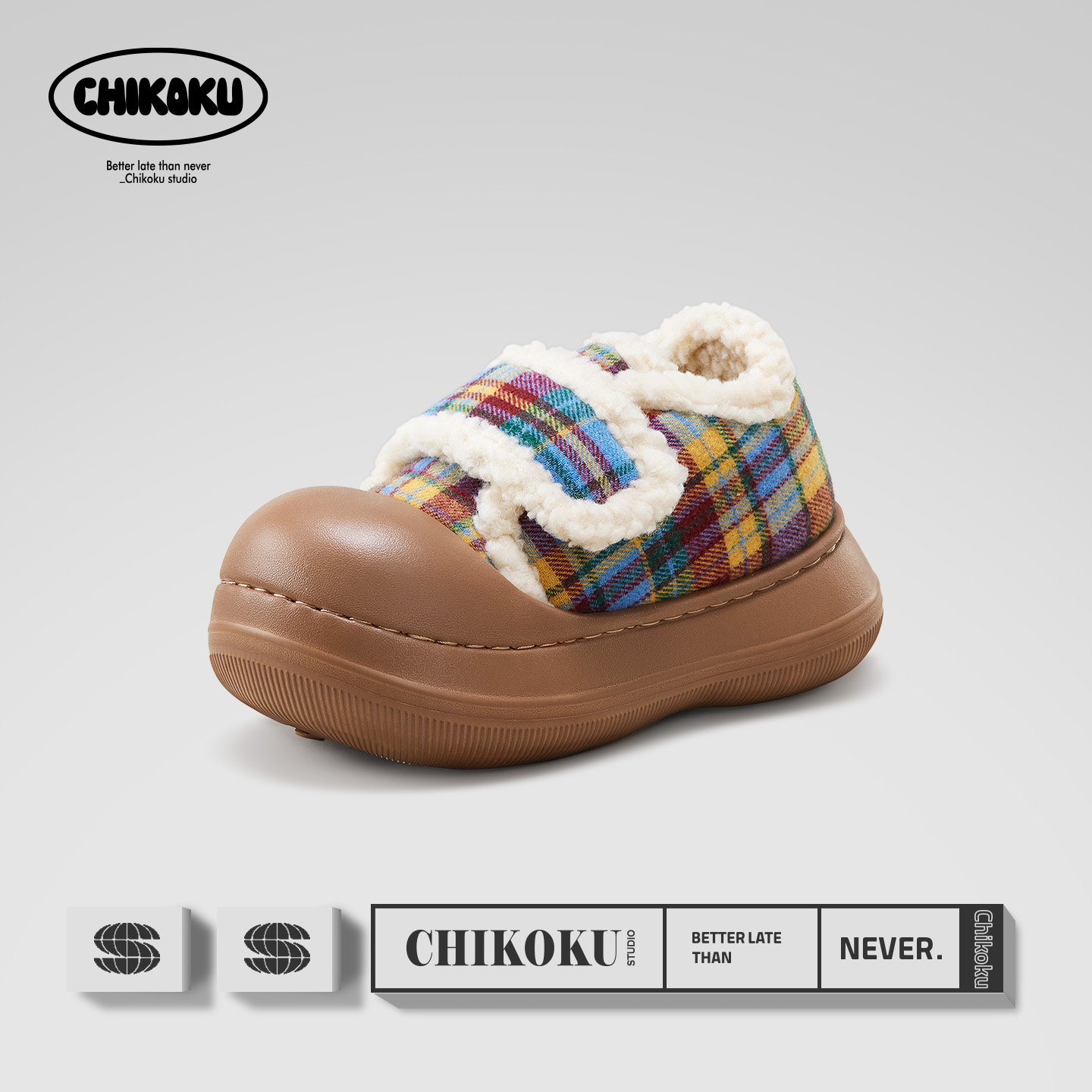 chikoku小憨包亲子加绒面保暖鞋女冬外穿时尚厚底毛毛包跟棉拖