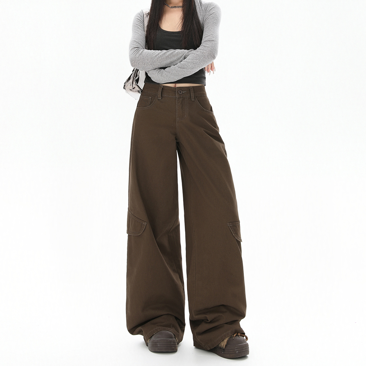 摩卡棕复古工装阔腿牛仔裤女2025秋季新款小众直筒宽松垂感拖地裤