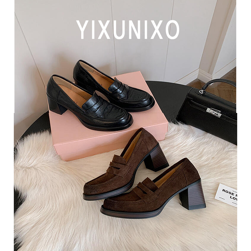 逆天大长腿～粗跟英伦风乐福鞋女手抓皮百搭高跟单鞋一脚蹬小皮鞋