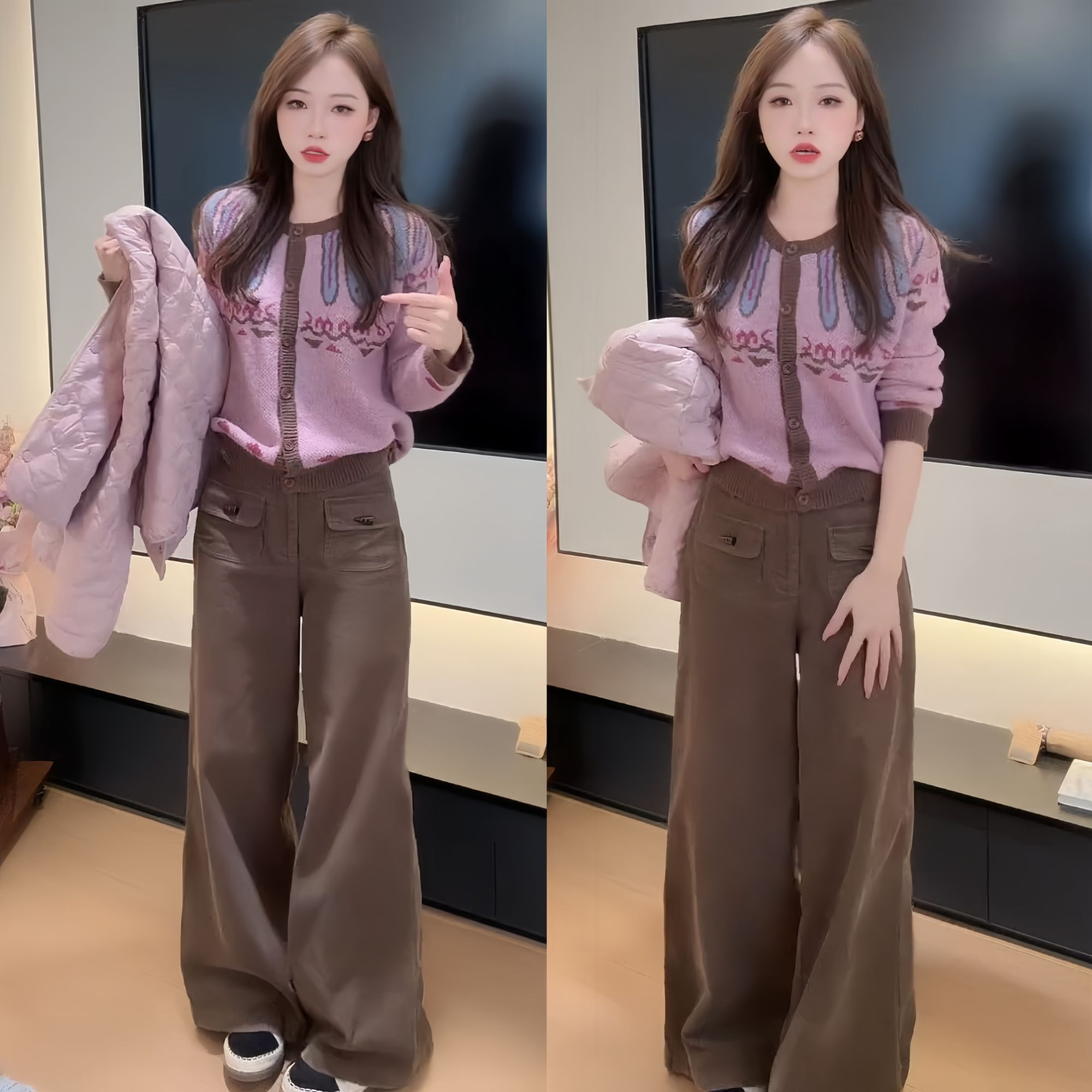 2025年秋季新款洋气减龄设计感提花针织开衫高腰休闲阔腿裤两件套