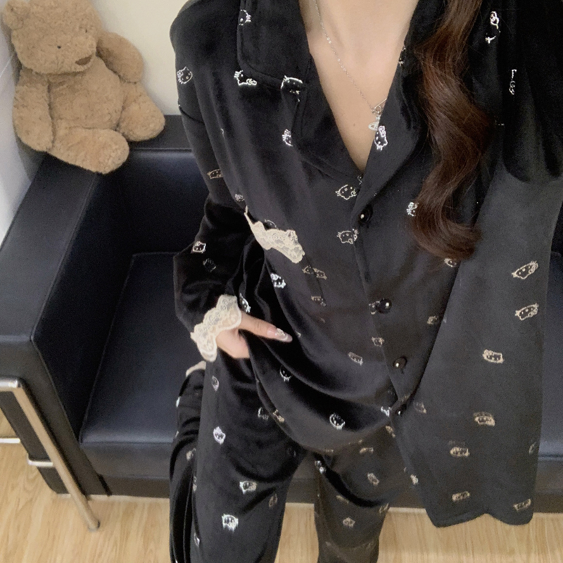 睡衣女秋冬季长袖长裤海岛绒可爱卡通Kitty猫家居服套装黑色开衫