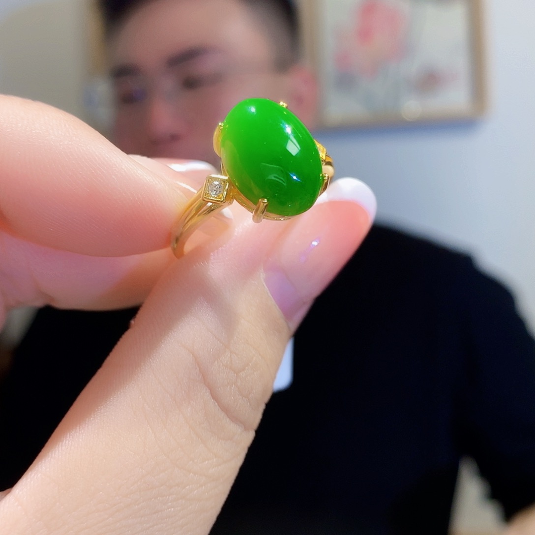 和田玉（碧玉）戒指银S925镀金镶嵌