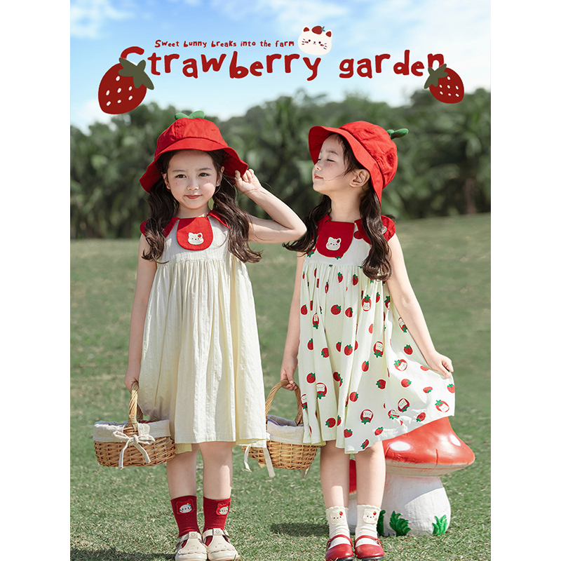 YOEHYAUL/幼悠【草莓猫咪】夏叁波下洋气女孩无袖原创连衣裙 X5157