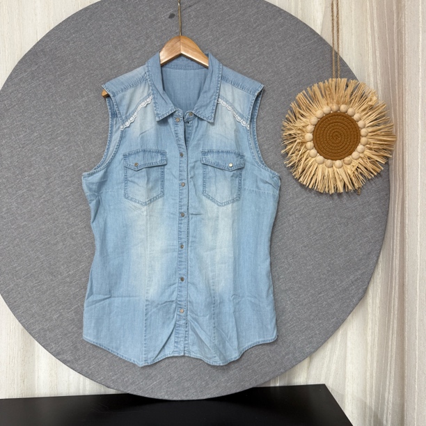 4399软牛仔花边无袖潮流百搭扣子T恤