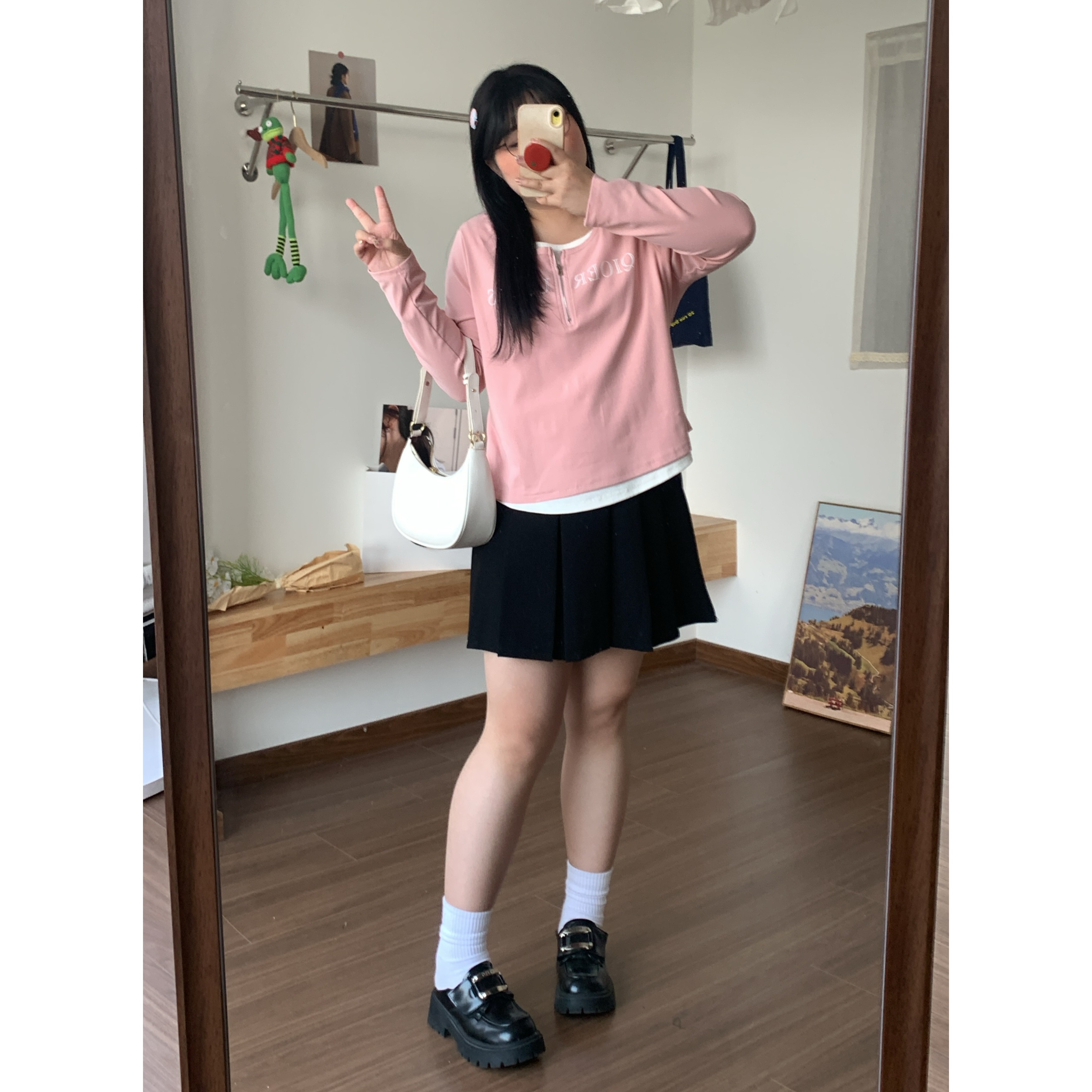 QINGYUS-半开领字母印花T恤微胖显瘦拉链假两件上衣春季大码女装