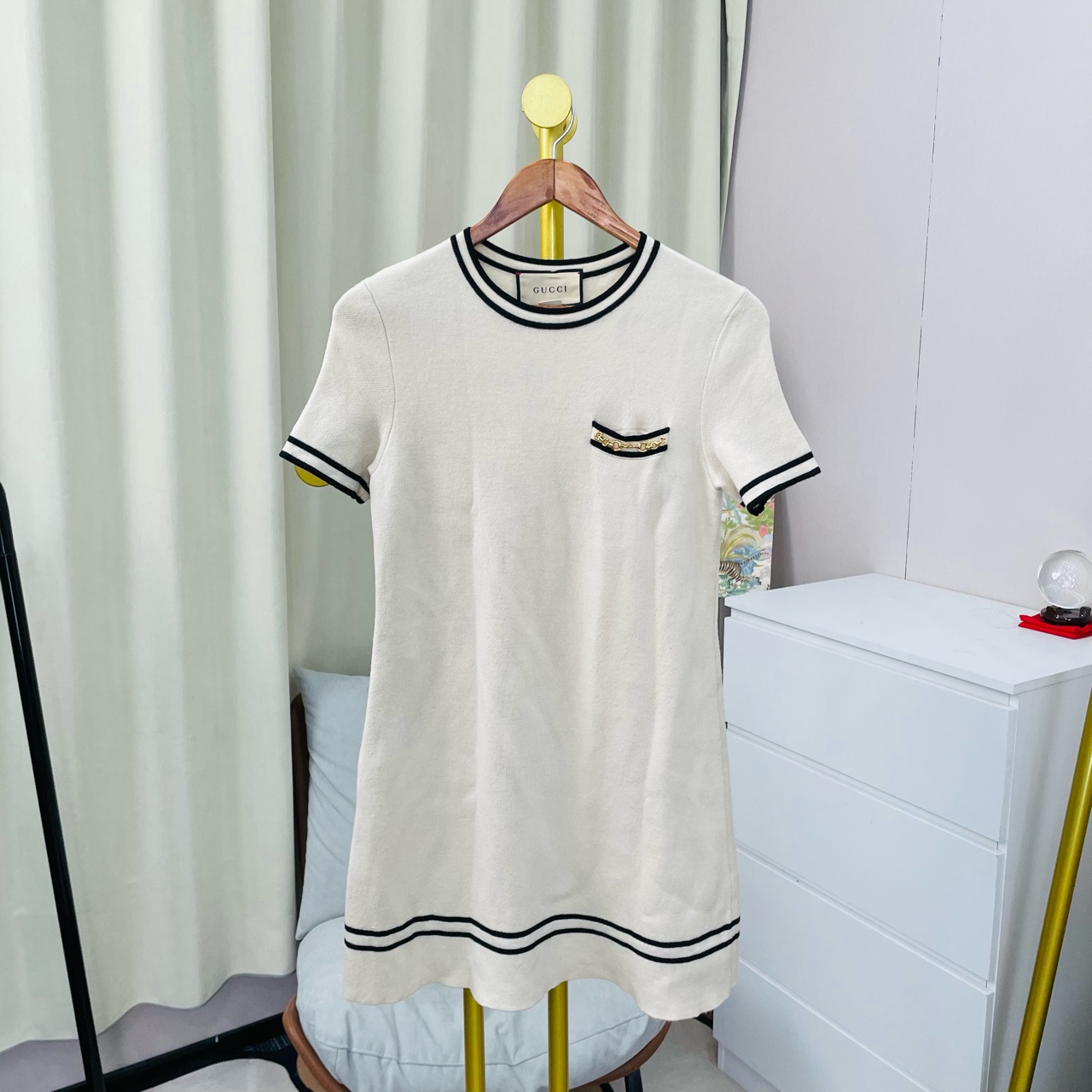 99新 GUCCI/古驰  白色链条针织连衣裙 S码 