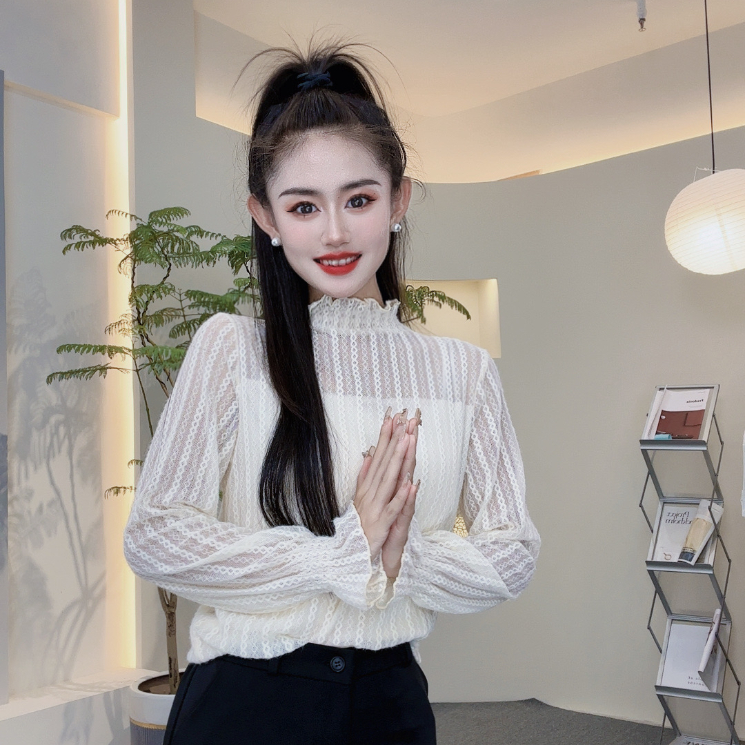 蕾丝打底衫女春秋内搭修身镂空透明性感长袖减龄内衬网纱上衣女