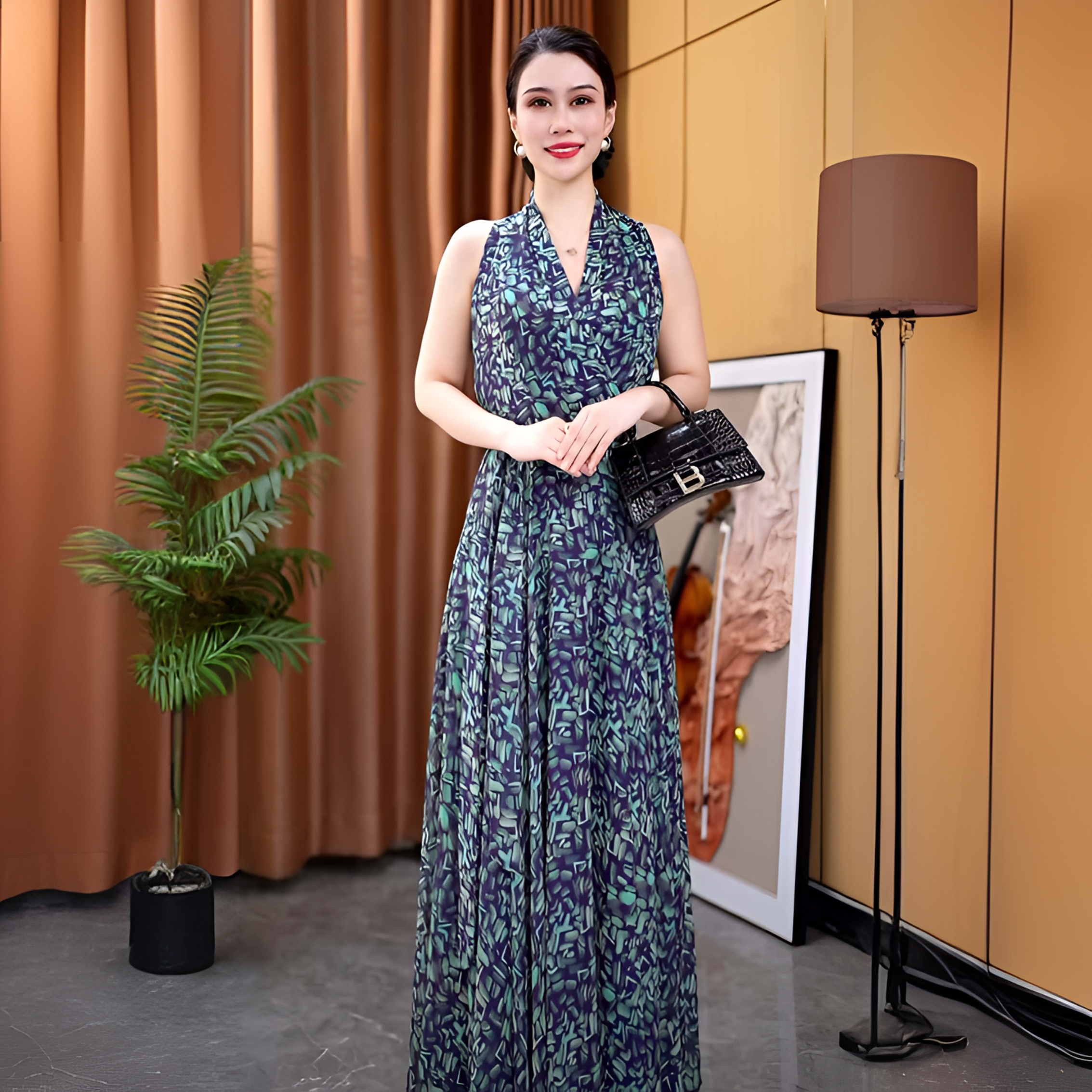 香衣丽华17-388夏季新款挂脖V领花色大摆连衣裙修身显瘦气质长裙