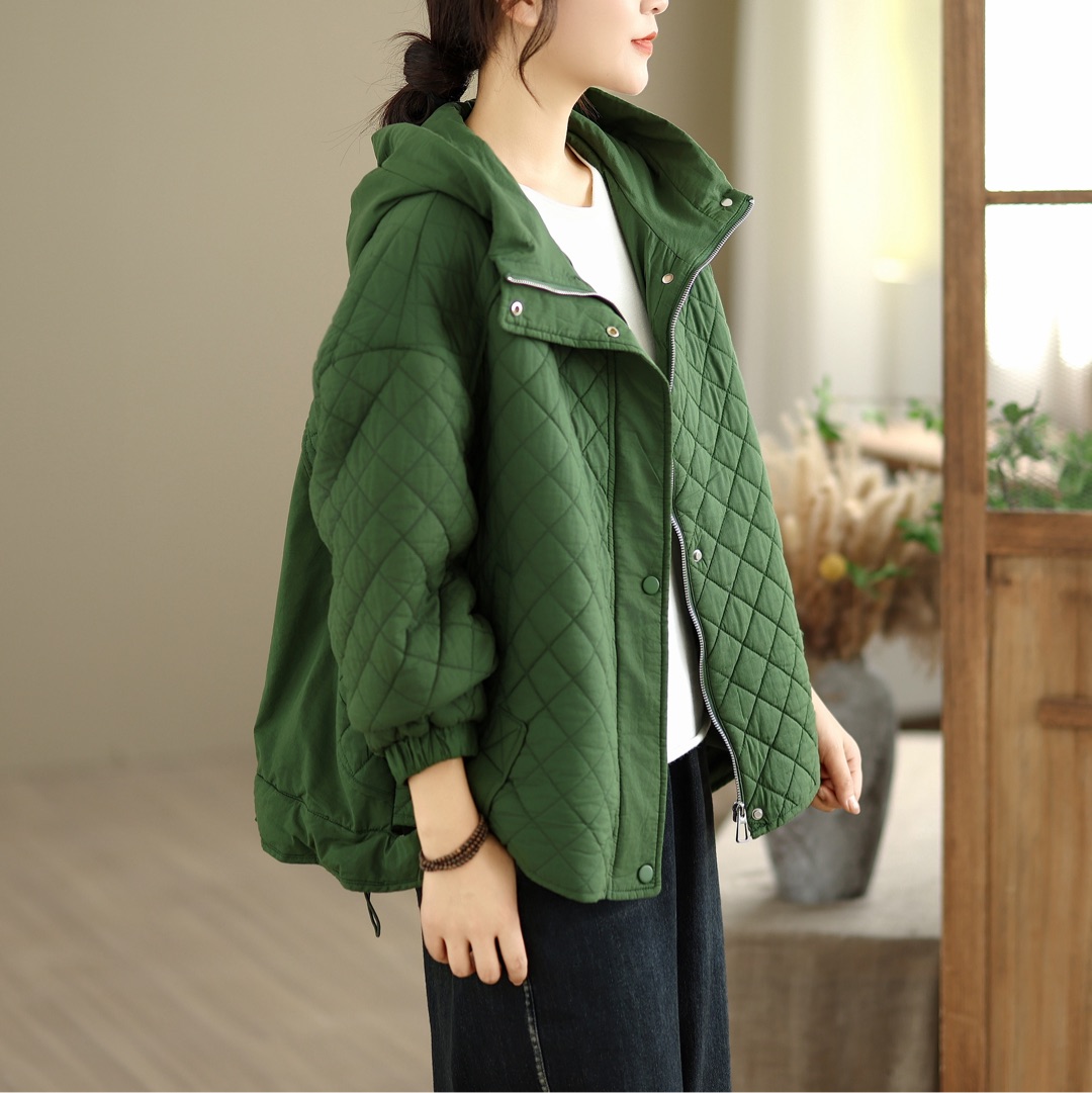 2025秋冬新款简约文艺菱格绗线连帽棉服气质宽松保暖夹棉外套
