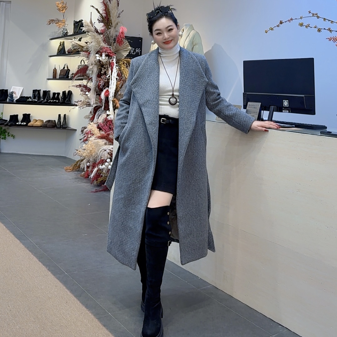 【盼盼精选】西装版中长款双面呢大衣秋冬时尚百搭系带设计加厚女士