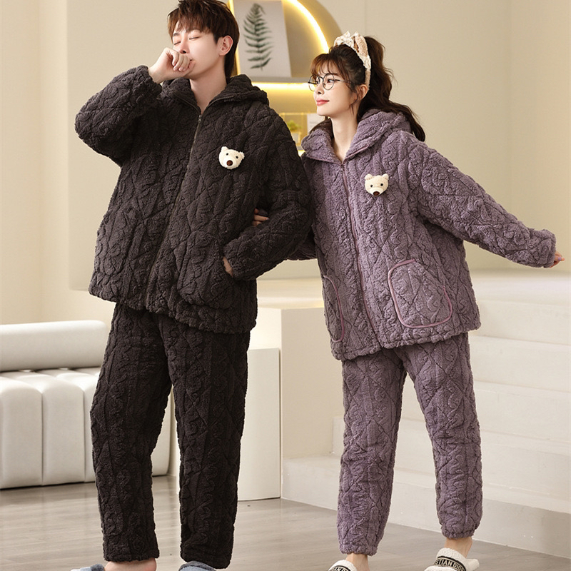 冬季新款可爱拉链熊情侣睡衣家居服女加厚长袖可外穿家居服套装