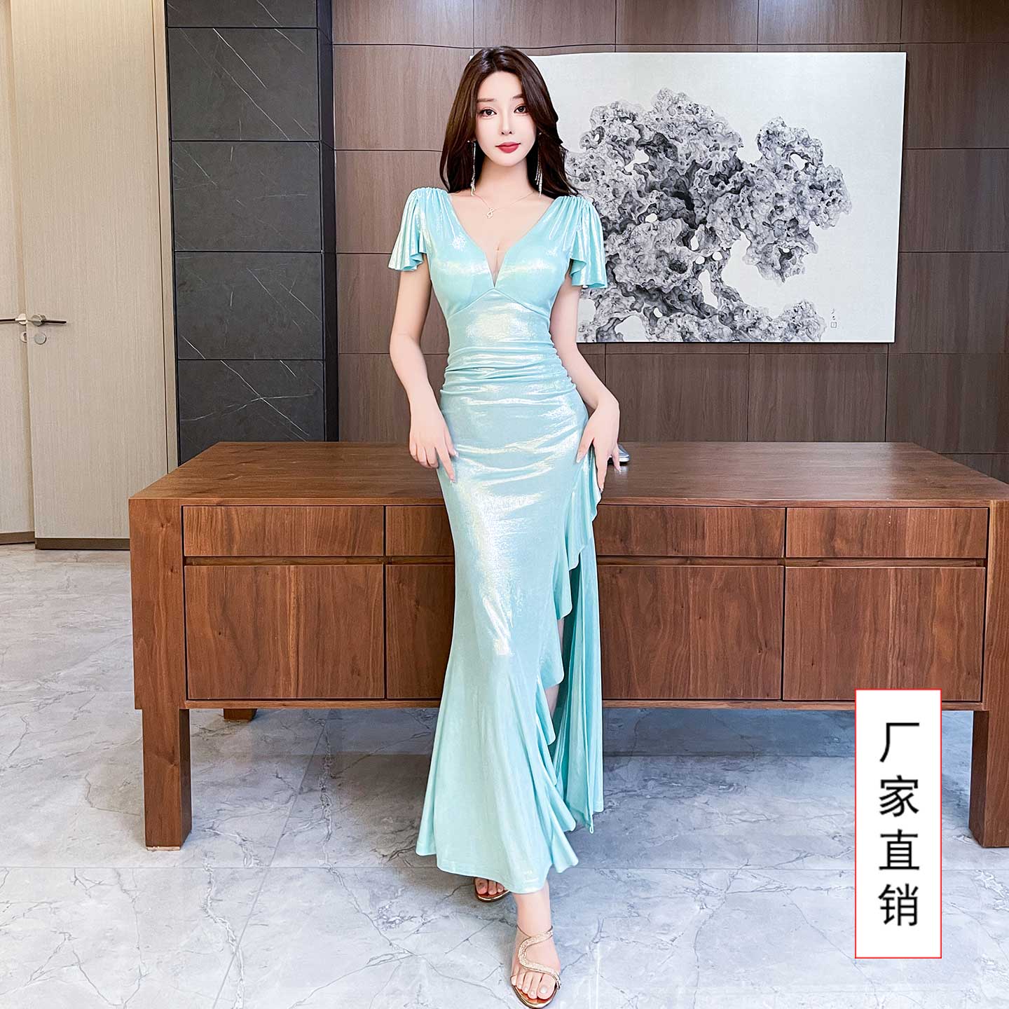 高弹力蓝色晚礼服蓝色修身鱼尾裙旗袍连衣裙时尚高腰
