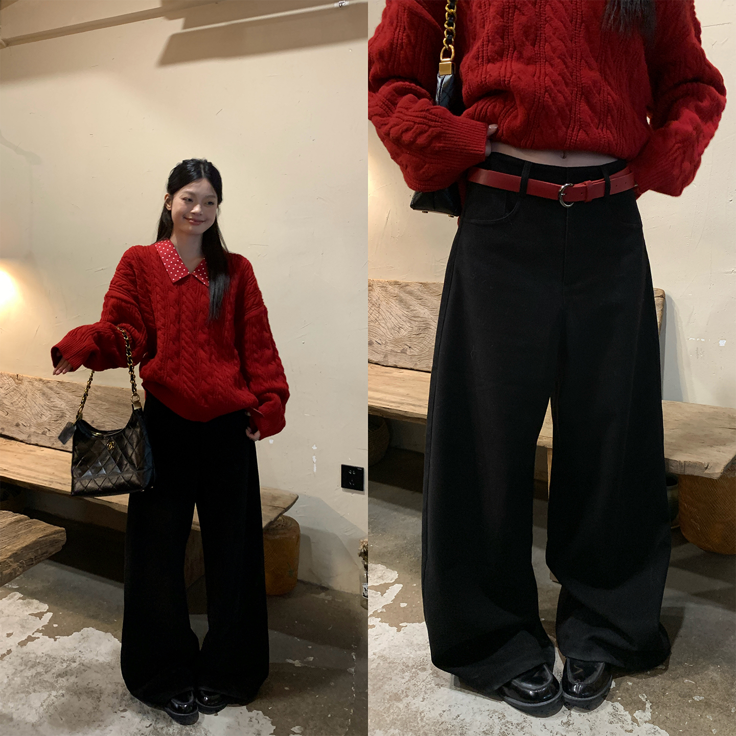 宋正恩12/1 10:00AM上新【黑色廓形加绒高腰阔腿长裤】STGP7529