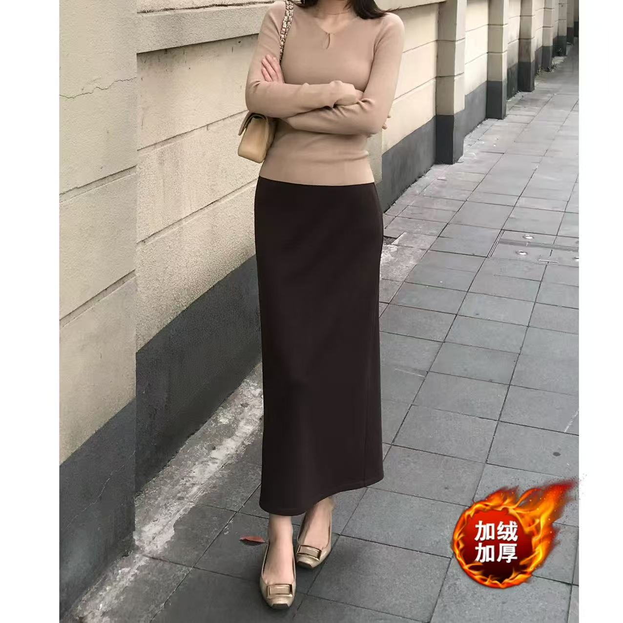 【羊毛+加绒】松紧腰半身裙女秋冬直筒裙包臀后开叉A字长裙