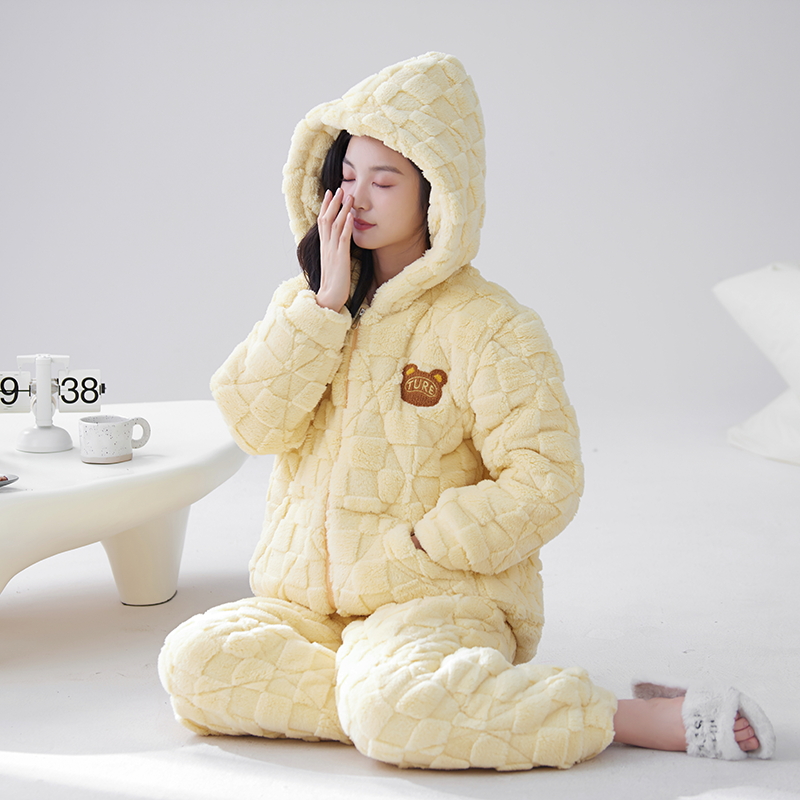 2024新款冬季加绒加厚三层夹棉睡衣女款保暖款短款家居服可外穿