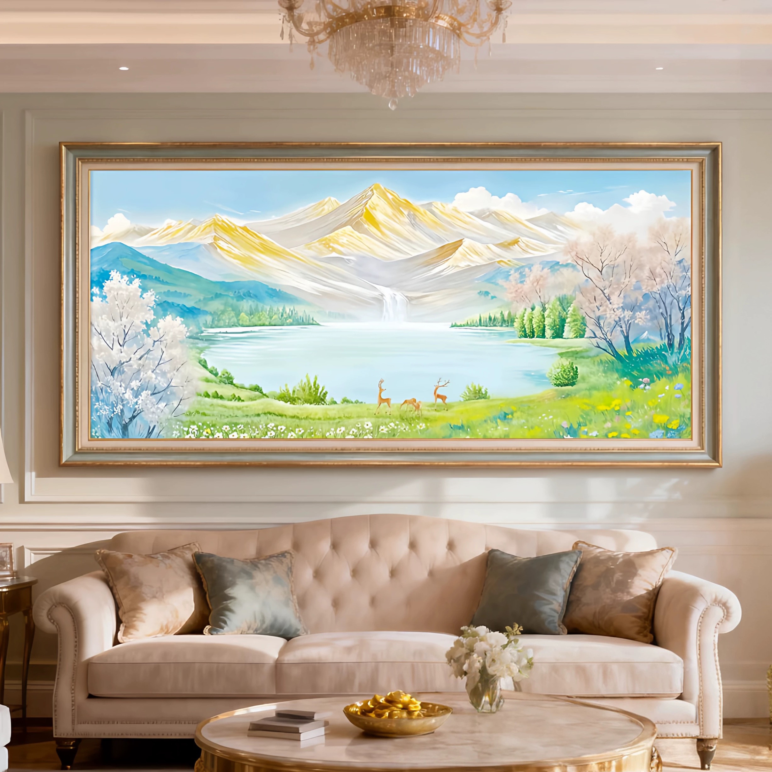 皇室蒙娜丽莎日照金山聚宝盆十字绣2026新款爆款客厅风景手工刺绣
