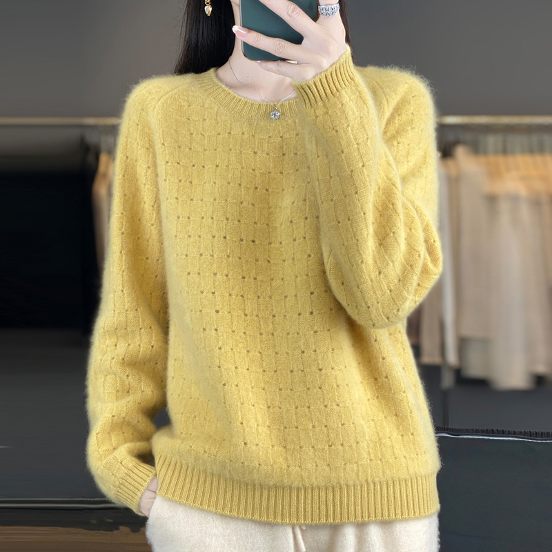 温暖舒适~秋冬新款圆领加厚七针镂空挑洞华夫格羊毛衫女毛衣