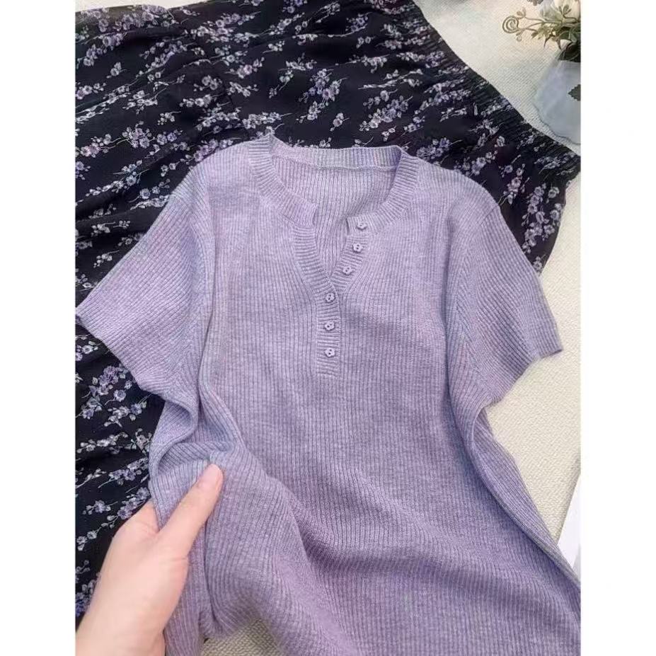 丽丽家~花朵扣紫短袖显瘦时尚休闲百搭夏季修身上衣