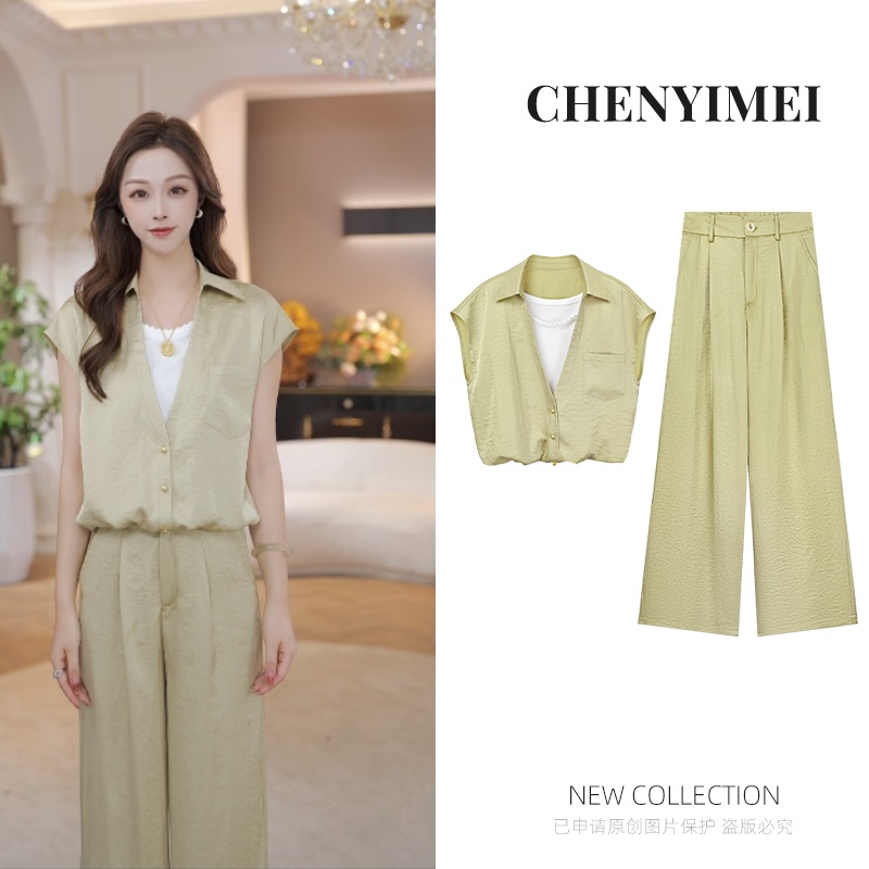 CYM1894假两件无袖衬衣背心翻领上衣阔腿裤两件套装