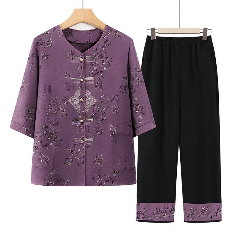 9290-喜庆衣服遮肉老人舒适夏季妈妈女装老年人两件套【康燕】