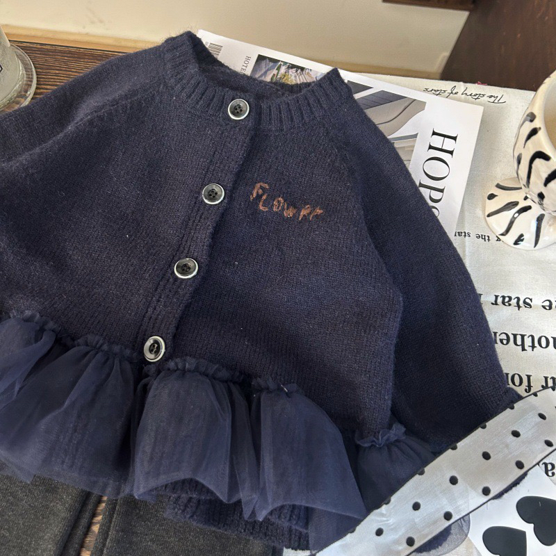 韩版童装2025新款秋季女童刺绣毛衣开衫儿童洋气灰色喇叭裤两件套