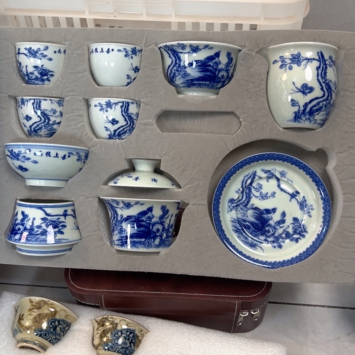 飞***…瓷片白青花喜上枝头八件套全品