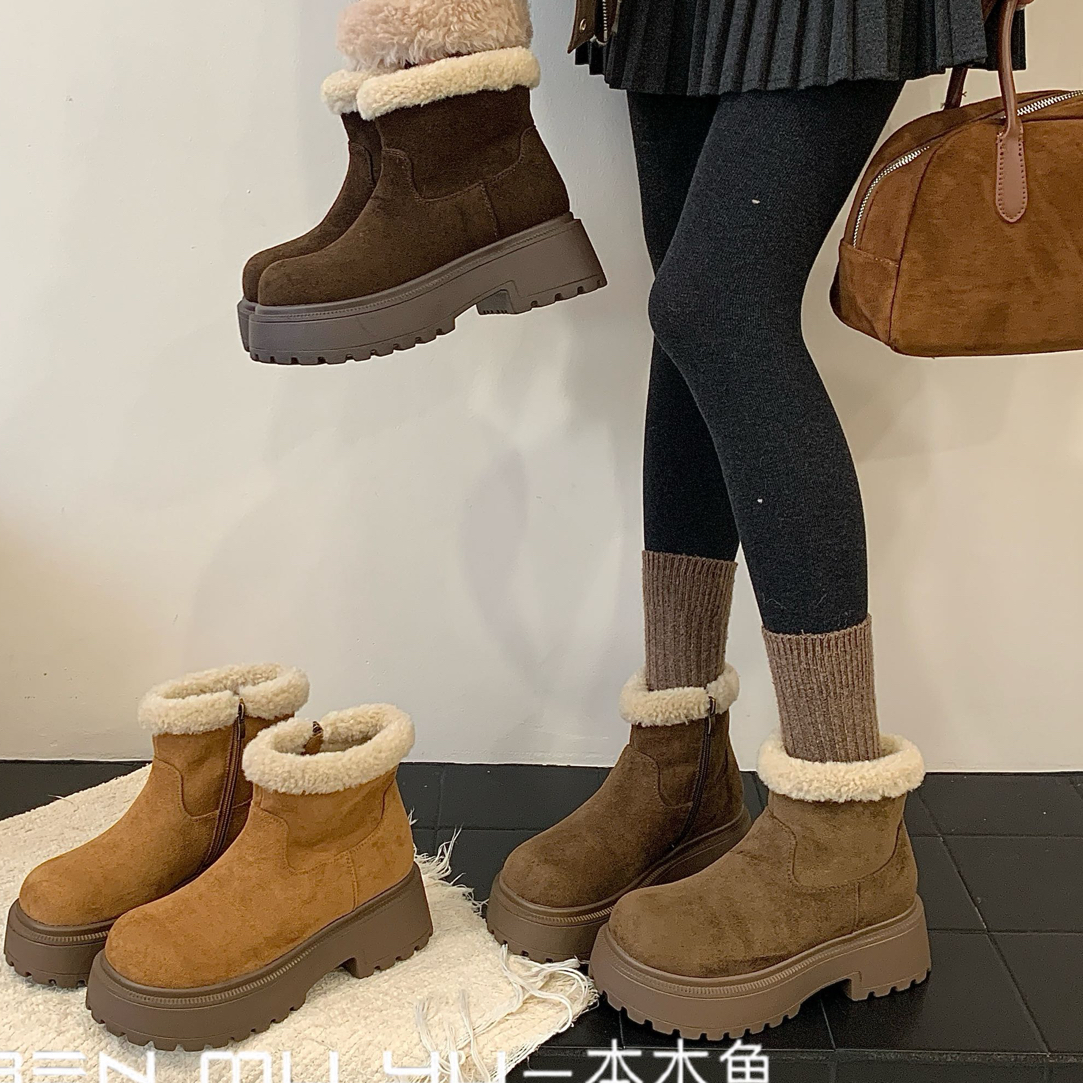 本木鱼胶粘厚款格子保暖冬季时尚雪地靴雪地靴短筒百搭厚底