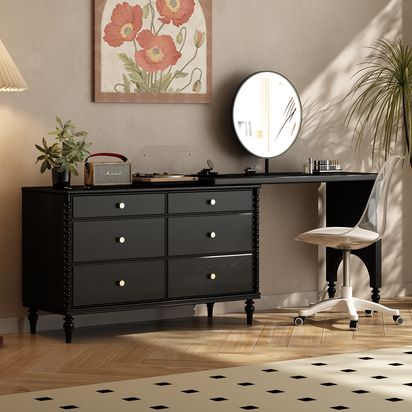 实木橡木梳妆台斗柜式化妆桌可伸缩储藏式卧室家用梳妆桌收纳置物