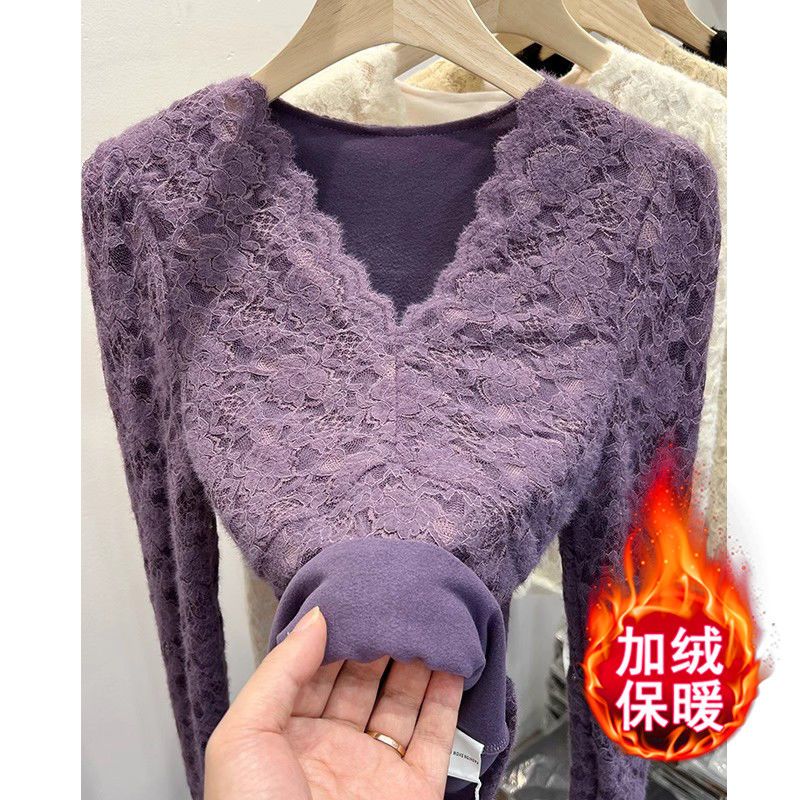 V领常规磨毛修身型蕾丝打底衫显瘦秋冬修身内搭长袖加绒加厚上衣