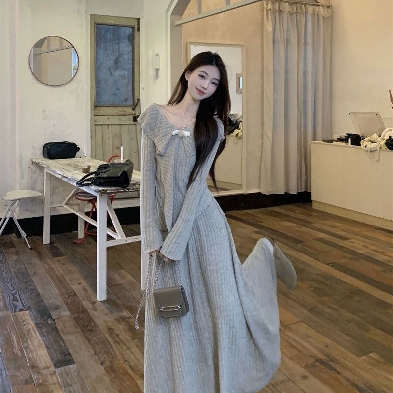 法式套装不规则气质针织上衣高腰半身裙女春秋季两件套高级感显瘦