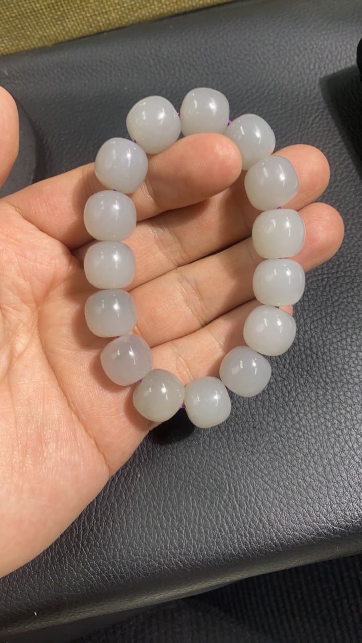 和田玉青海料野牛沟冰烟紫卡14手串