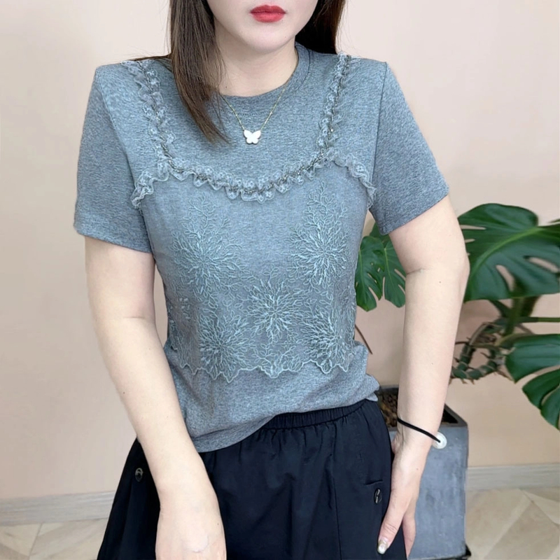 2025夏季新品时尚百搭修身显瘦圆领个性设计感女士短袖上衣7957