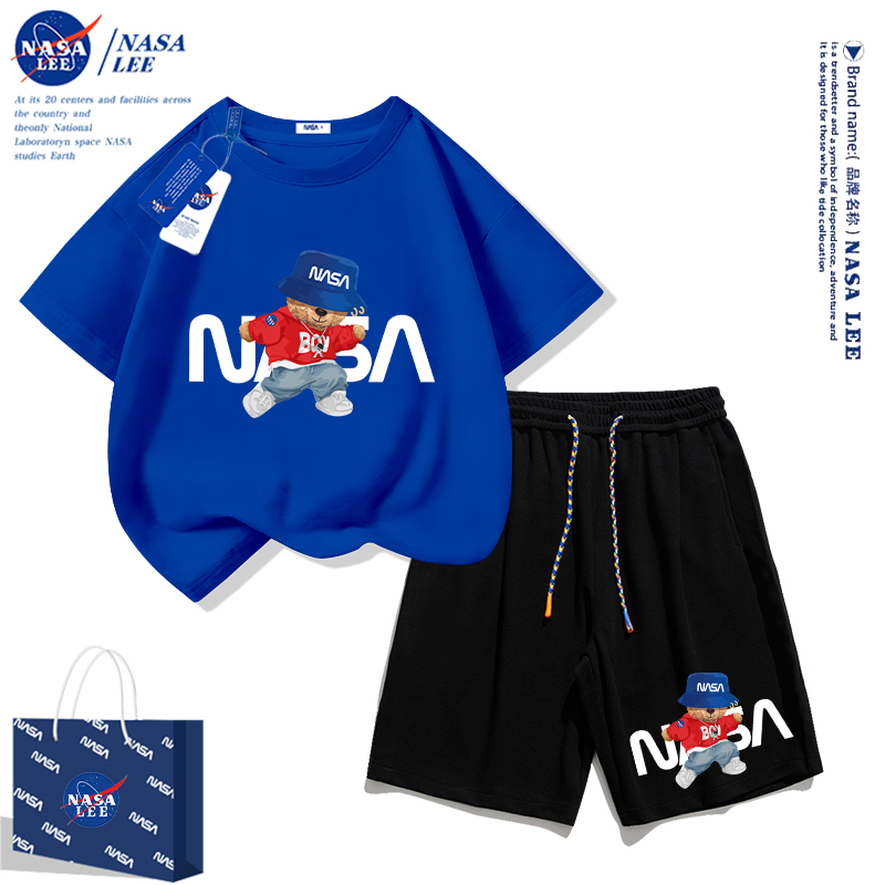 NASA女童男童夏装套装新款中大童薄款t恤夏季男孩运动儿童上衣服