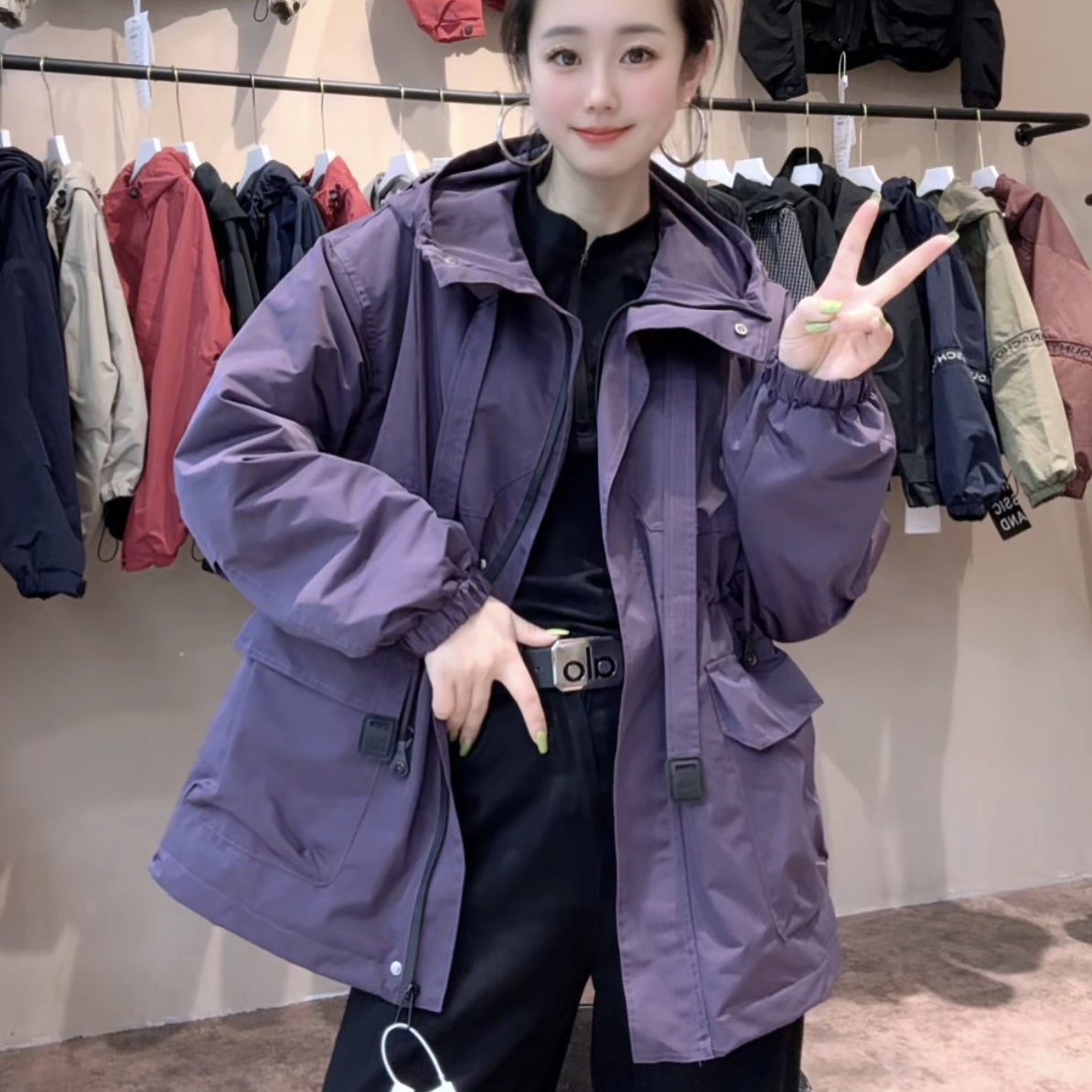 杨杨➕时尚潮流休闲抽腰连帽外套长板（棉里衬）