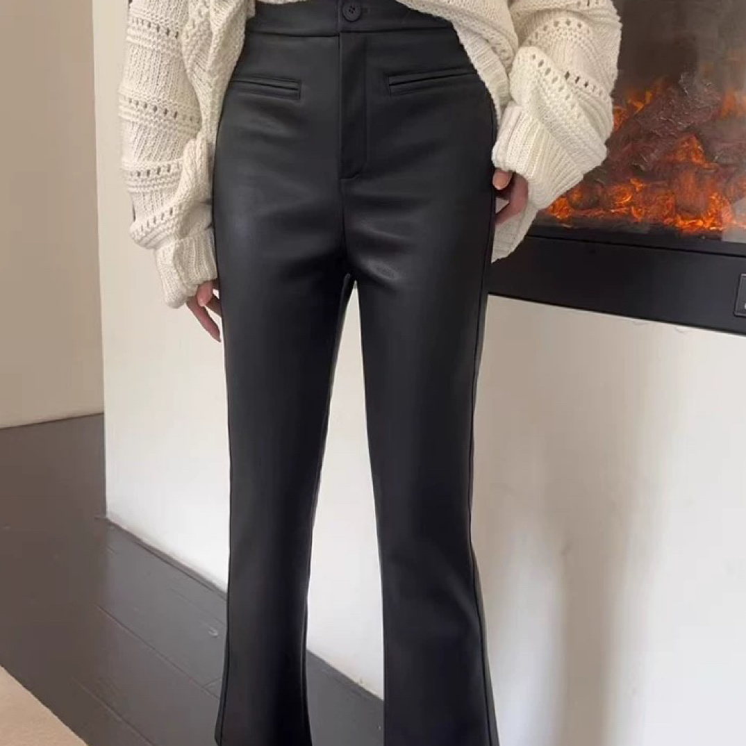 【蛋娘专属】66180秋冬加绒高腰显瘦微喇皮裤女时尚百搭