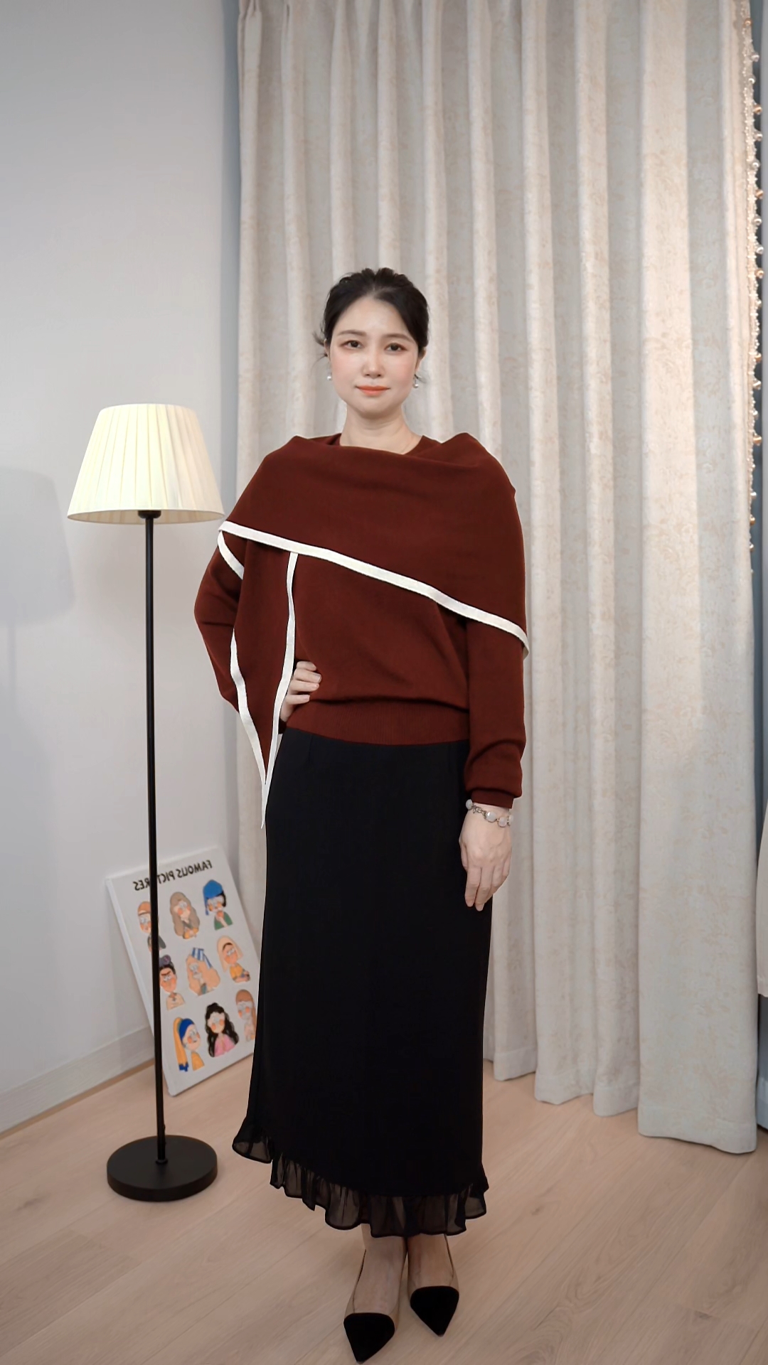 新款保暖高级时尚百搭披肩长袖宽松羊毛针织衫半身裙搭配女装