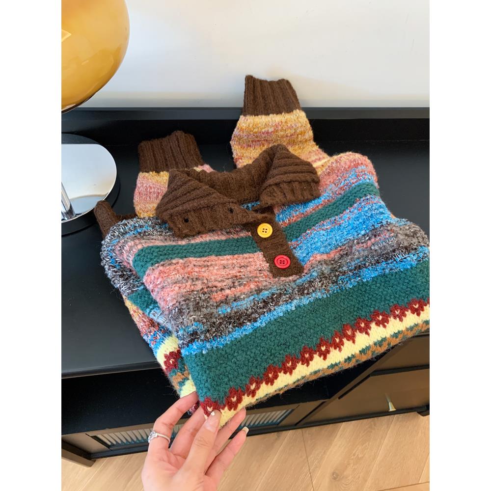 费尔岛彩虹条纹毛衣女秋冬季新款小个子套头毛衣加厚内搭针织衫