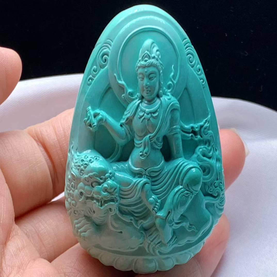 精品绿松石雕刻吊坠文殊菩萨
