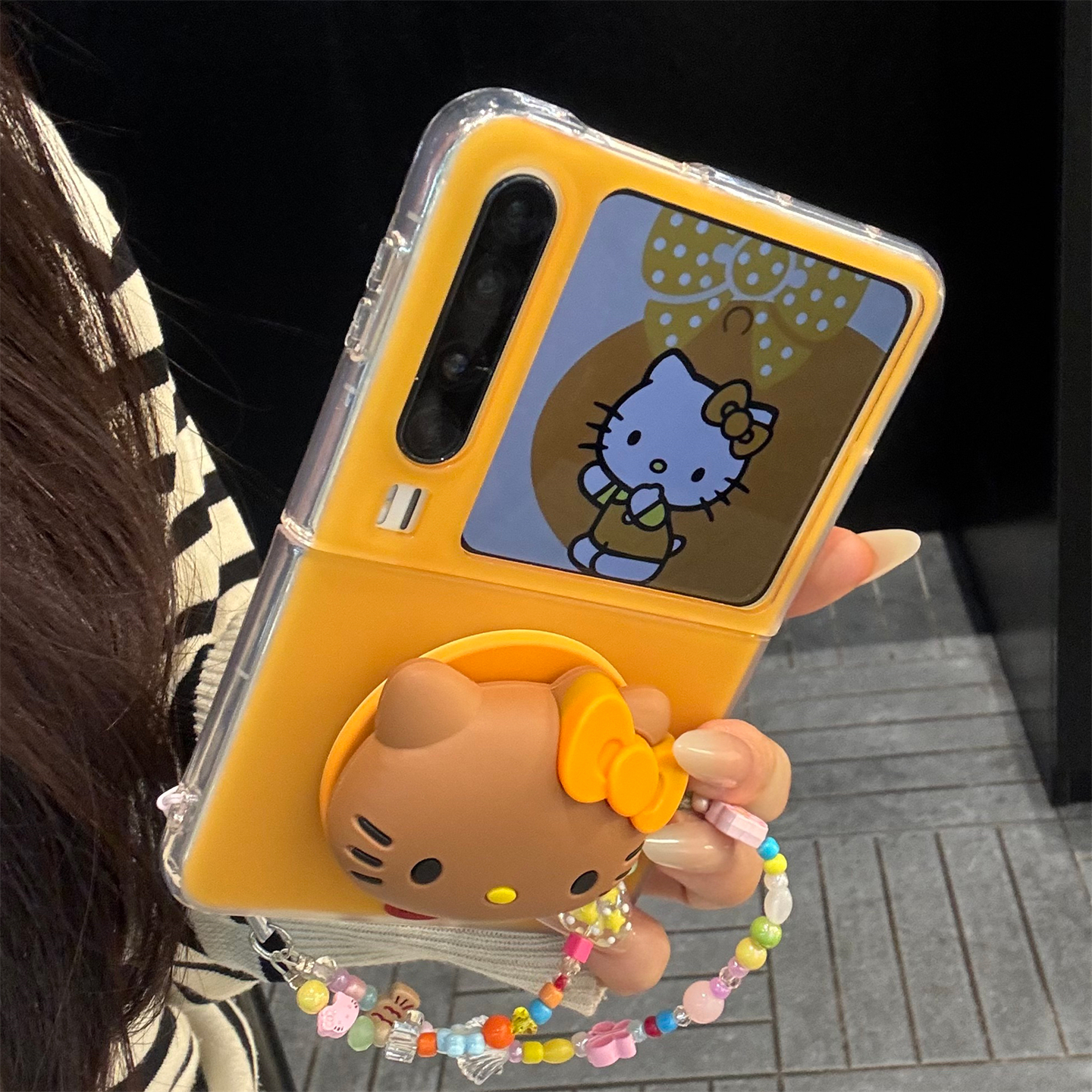 适用华为purax折叠屏手机壳姜黄色PuraX典藏版kt猫磁吸支架链条女