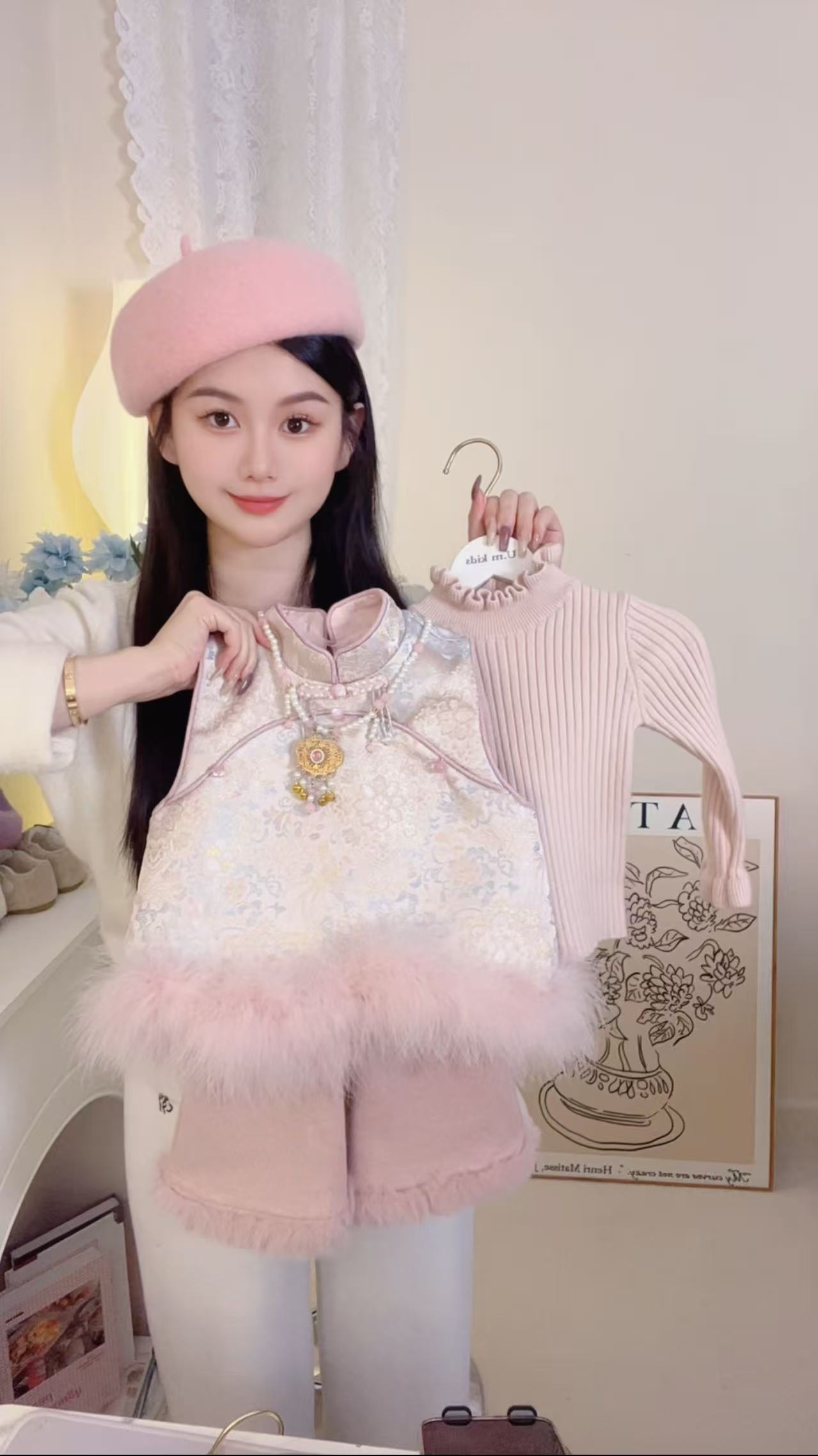 订制款女童新中式套装秋冬款小童儿童洋气中国风盘扣马甲长裤套装