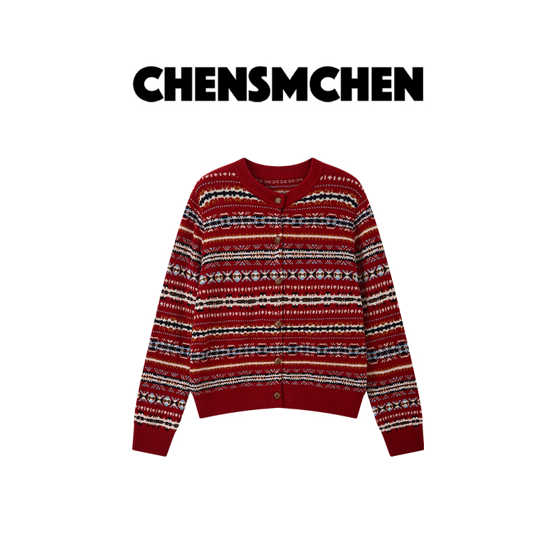 CHENSMCHEN 100绵羊毛复古圆领费尔岛开衫女显瘦上衣CSM11452QQ