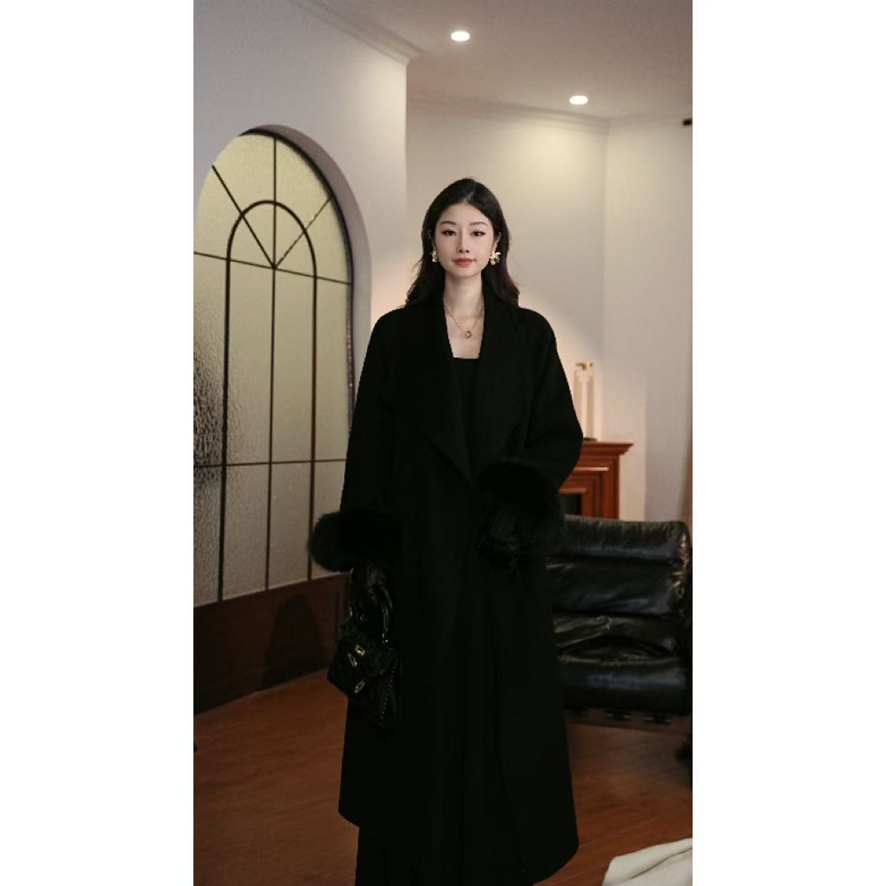 T秀 100澳毛 狐狸毛袖 双面手缝羊毛大衣 