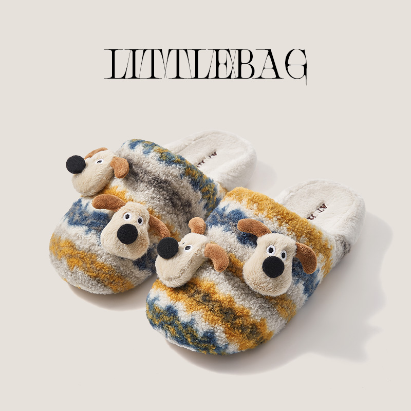 【qianqian】‘’可爱小狗‘’卡通风格冬季防滑保暖加绒毛毛棉拖