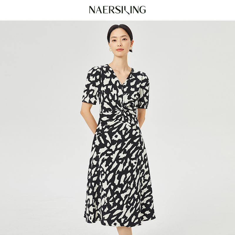 【安雅专属】娜尔思灵【桑蚕丝】商场同款灵感印花泡泡袖连衣裙