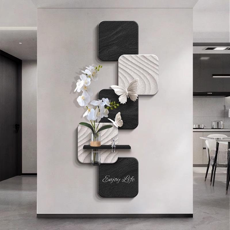 黑白灰玄关装饰画水培绿植入户正对门挂画高级感走廊过道壁灯 